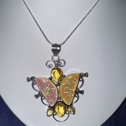 NEW Druzy Sterling Butterfly Pendant with Citrine Stones