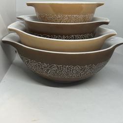 VTG Pyrex Woodland Cinderella Complete Set of 4 Mixing Bowls - Neutral Colors Brown & Beige