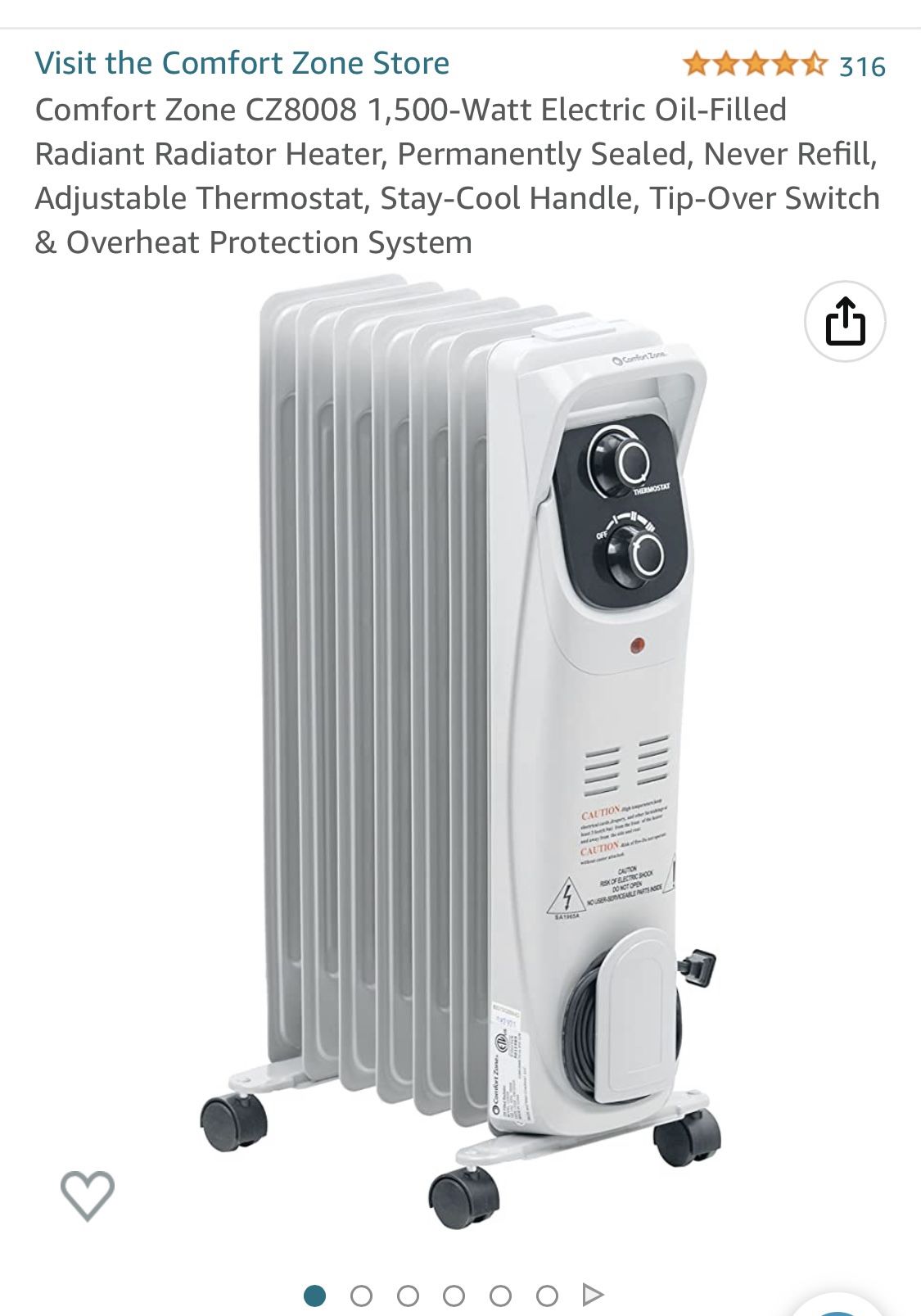 Radiator Heater Cz8008 Comfort Zone 1,500-Watt Electric Oil-Filled