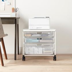 Elfa Mesh Rolling Cart with Drawers 22” W - White