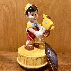 Vintage Schmid Pinocchio Ceramic Music Box Figurine with Rocking Horse Working