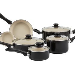 Amazon Basics Ceramic Nonstick Pots and Pans 11 Piece Cookware Set, made without PFOA & PTFE, Black/Cream