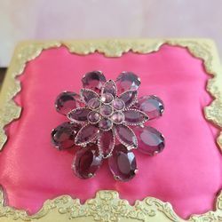 Vintage 70s Czechoslovakia Crystal Flower Brooch Pin 5cm Purple F11