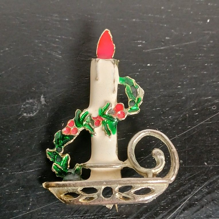 Vintage Christmas Holiday Candle Brooch Pin Gold Tone Enamel Fashion Jewelry