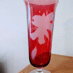 Vintage 10-in Cranberry Glass Etched Pedestal Vase