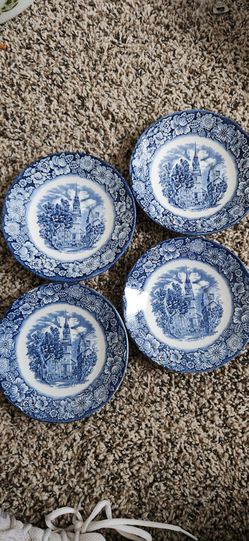 4 vintage Liberty Blue ironstone saucers made by Staffordshire in England