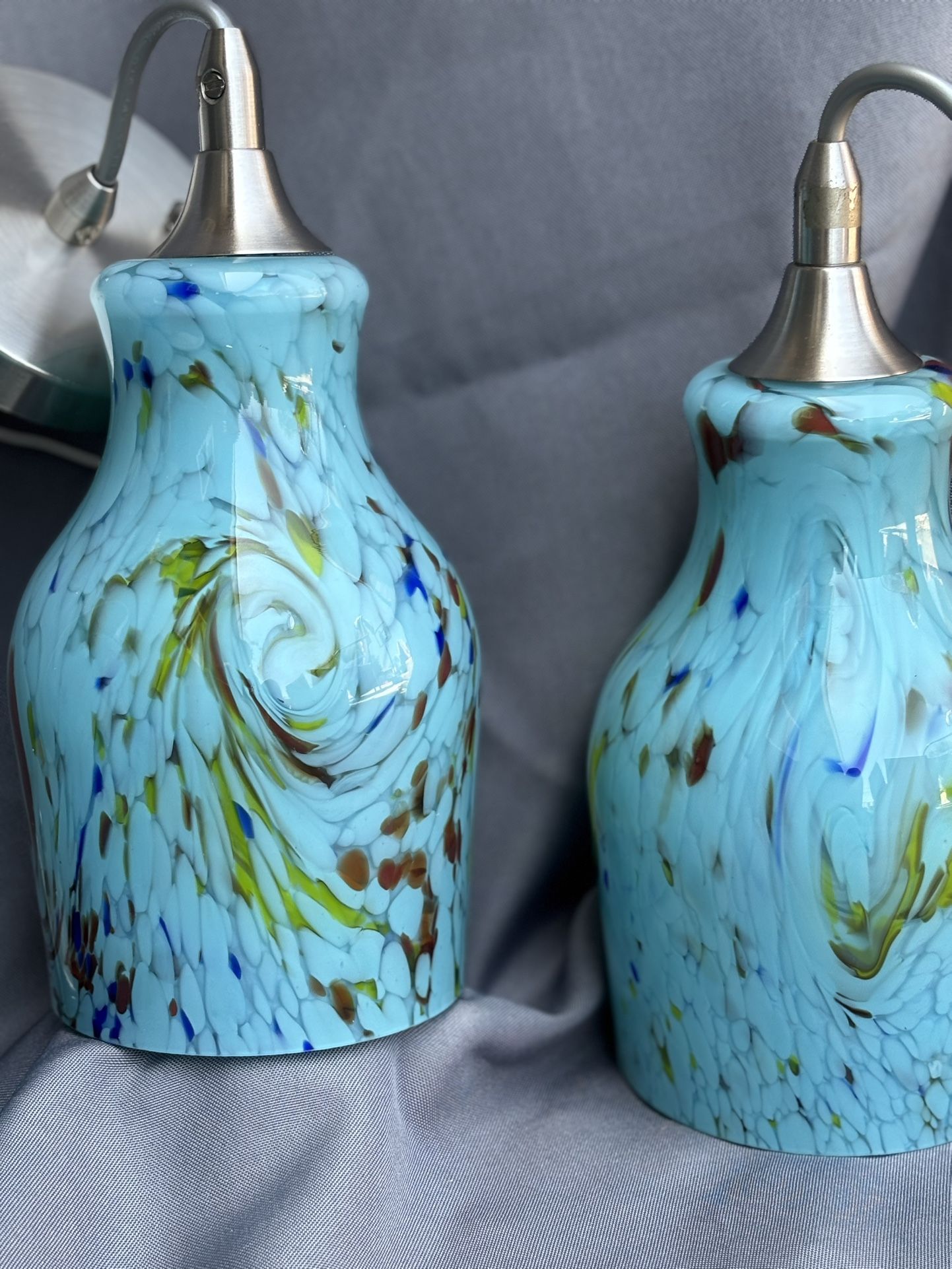 Set Of 3 Hand Blown Turquoise Pendant Lights