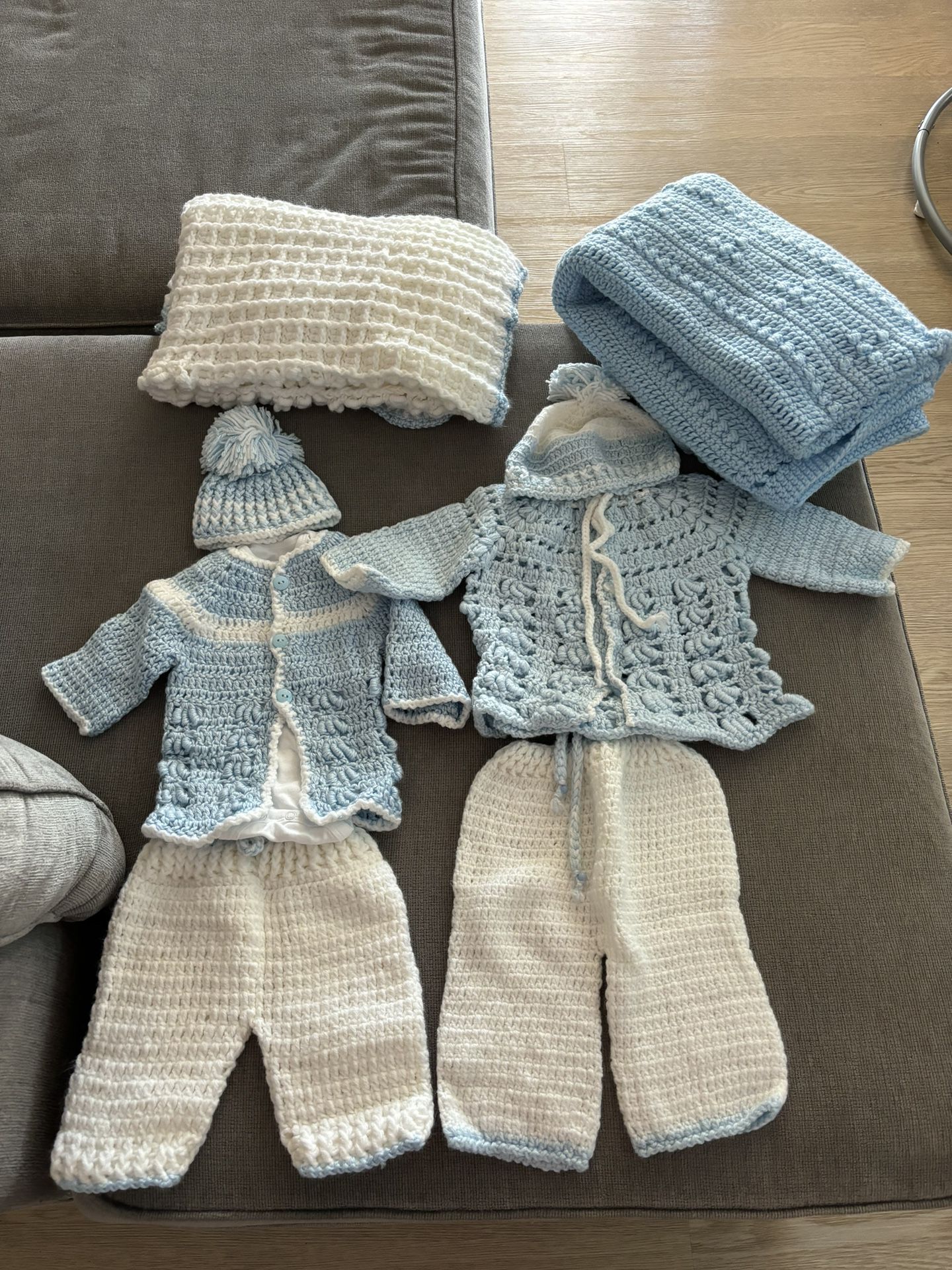 Hand Knitted Baby Clothes And 2 Blankets 