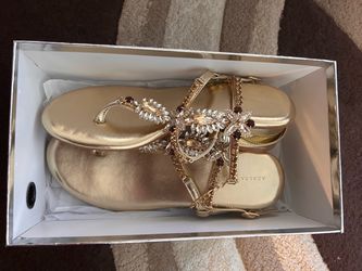 Azalea Wang gold bejeweled sandal, size 10
