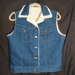 VTG Lee Blue Jean Denim Sherpa Lined Vest Woman 11/12 Western Biker Hippie 