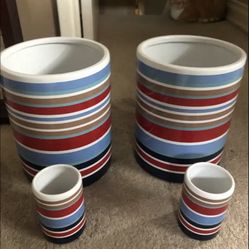 New Red White Blue Tan 2 Each Ceramic Trash Waste Cans Pots Plant Pots 