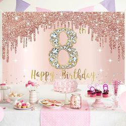 Happy 8th Birthday Banner Backdrop Decorations for Girls, Rose Gold 8 Birthday