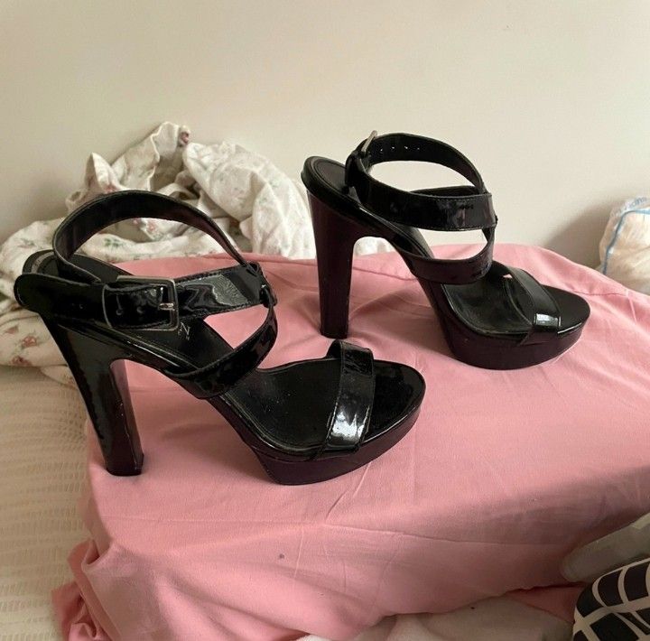 Ralph Lauren Sexy Black Patent Leather High Heel Wrap Around Criss Cross Strappy Platform Sandals (Sz US 6-6.5/EU 36-37)