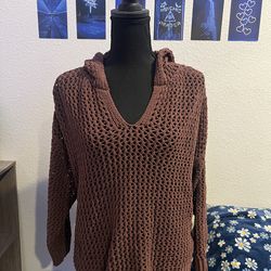 Brown Open-Knit Hooded Sweeter