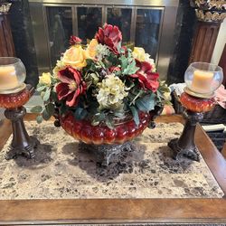 Dinning Table Centerpiece Urn And Flower / 2 Candle Holders 
