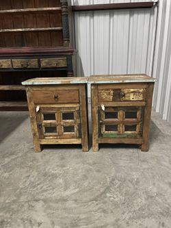 Pair Of Maquon Rustic Glass Windows Reclaimed Wood 1 Drawer Bedside Tables