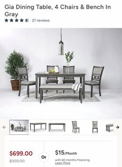 6 piece Gia dining table with 4 chairs and bench