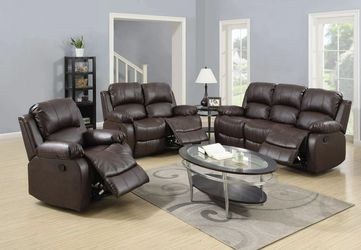Brown Leather Fully Reclining Three Piece Couch Set 