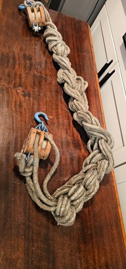 Antique wooden pulley made by the Boston & Lockport  Block & Tackle Pulley /Rope