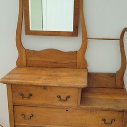 Antique Washstand  Center Dresser With Beveled Mirror 