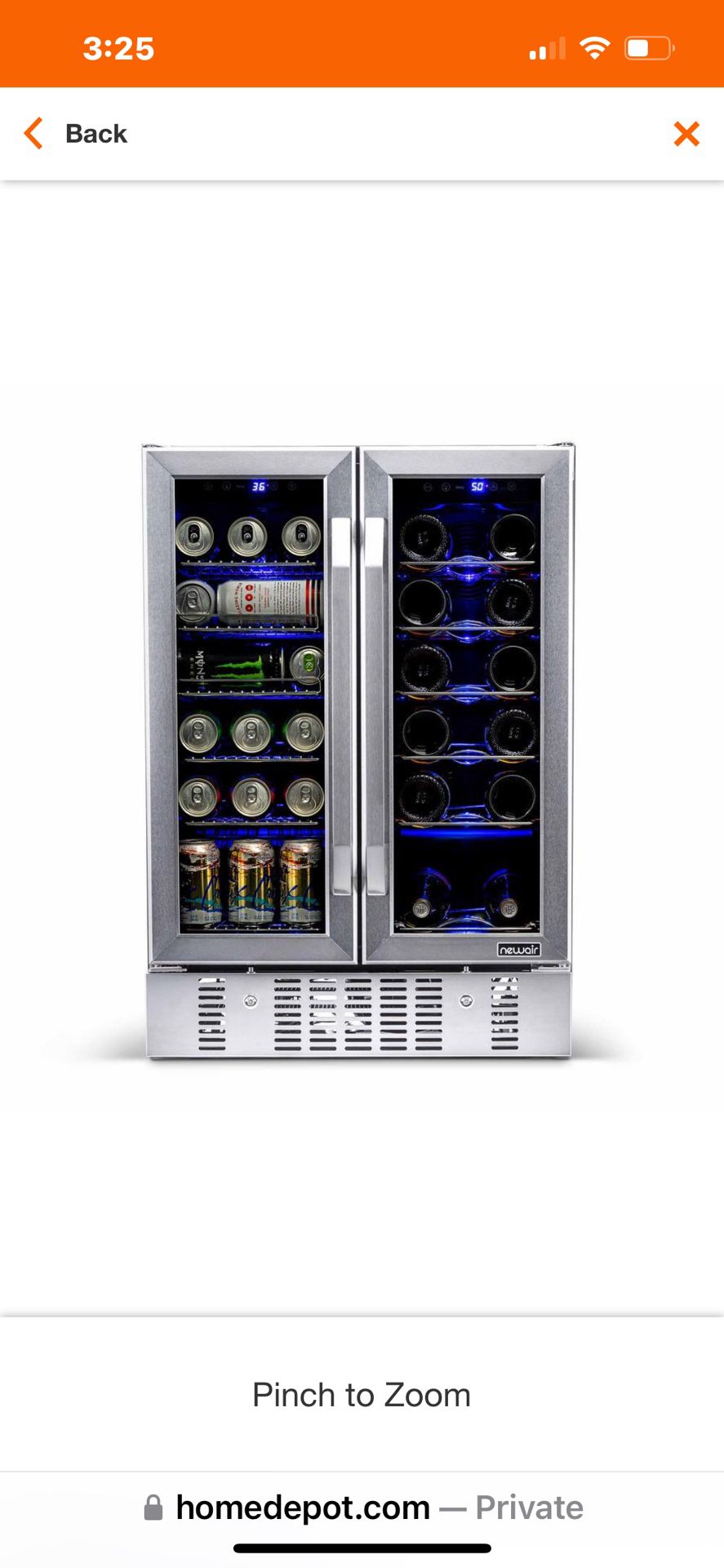 NewAir Dual Zone, Stainless, 24in (depth) Wine & Beverage Cooler  Fridge w/ French Doors & Interior LED Blue Mood Light. Model # AWB-360DB