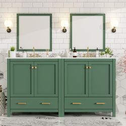 New 60” Green Double Bathroom Vanity Set with Double Ceramic Sinks, Soft Close Doors & Drawers