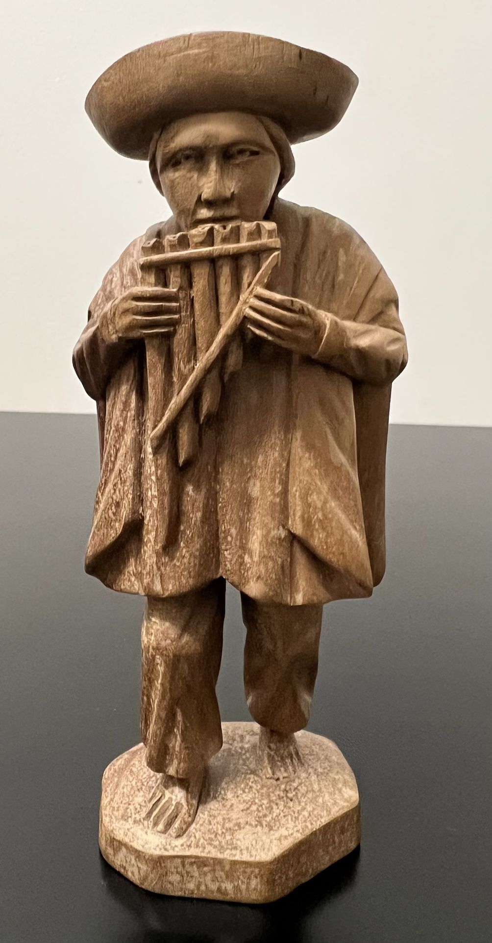 Wooden Hand Carved Barefoot Man With Overcoat Folk Art Sculpture Very Detailed