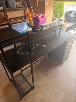 Black Metal and Wood Desk with Power Outlet