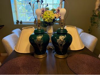 Vintage Hollywood Regency Emerald Green & Gold Iris Table Lamps - Matching Pair with Original Shades