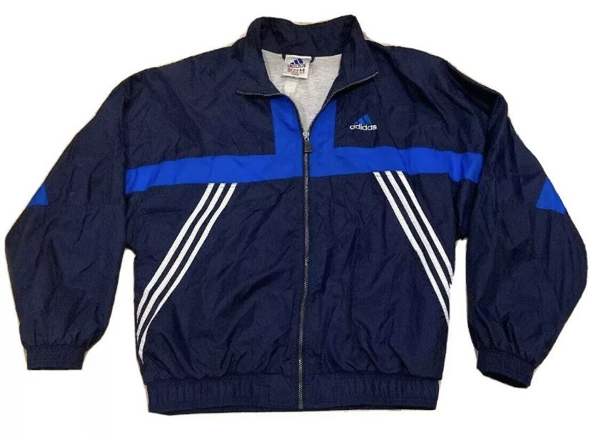 Vintage Adidas Blue Windbreaker Track Jacket Stripe Logo - Mens Large