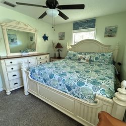 King bed set, sectional and chair, small desk, bookcases