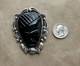 Vintage Mexican Sterling Silver Carved Onyx Warrior Brooch 