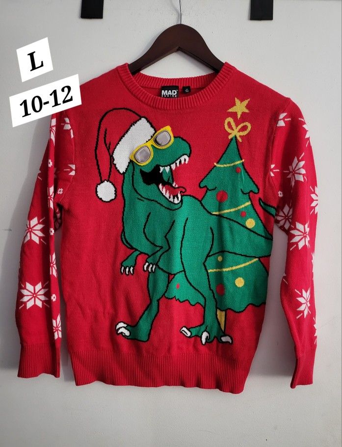 Kid's Dinosaur Christmas Ugly Sweaters Size 10-12