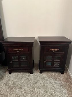 Pair of Dark Wood Nightstands with Glass Panel Doors