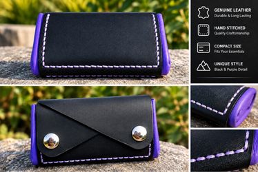 Genuine Leather Compact Wallet Black and Purple top hide leather.