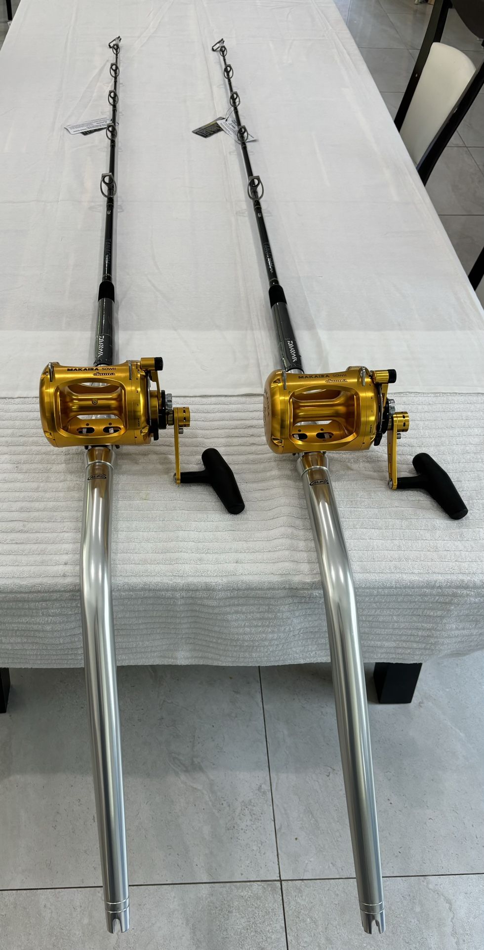 Okuma Makaira 50W 2 Speed on Daiwa Tanacom 40-100lb Bent But Swivel Tip Rods