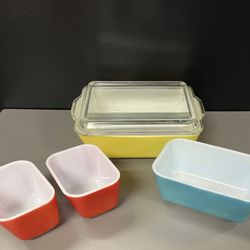 Vintage Set of 4 Pyrex Refrigerator Glass Dishes Primary Colors 501,502,503. Lid with yellow dish only. 