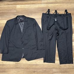 Joseph & Feiss 54R 52Wx25L Charcoal 100% Wool Mens 2 Piece Suit w/ Suspenders