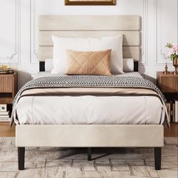 Upholstered Twin Bed Frame Velvet Beige