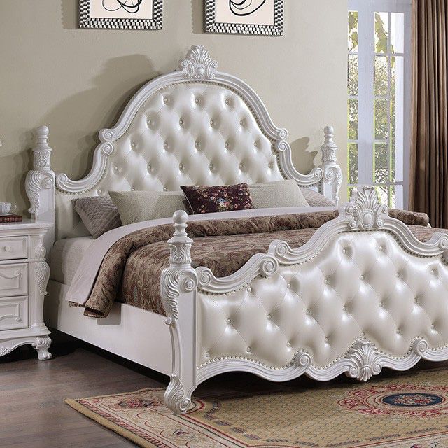 Brand New Ivory White Victorian Style Traditional Very Heavy Solid Wood Bed With Beautiful Intricate Carved Out Details Queen Size 
