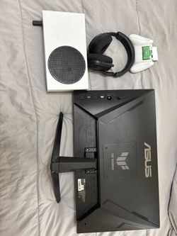 Xbox series s, asus tuf gaming monitor and turtle beach headphones