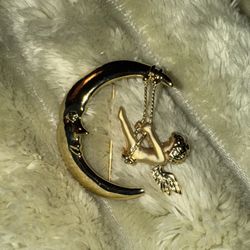 Vintage - Estate AJC Signed Angel Swinging On Moon Brooch Pin