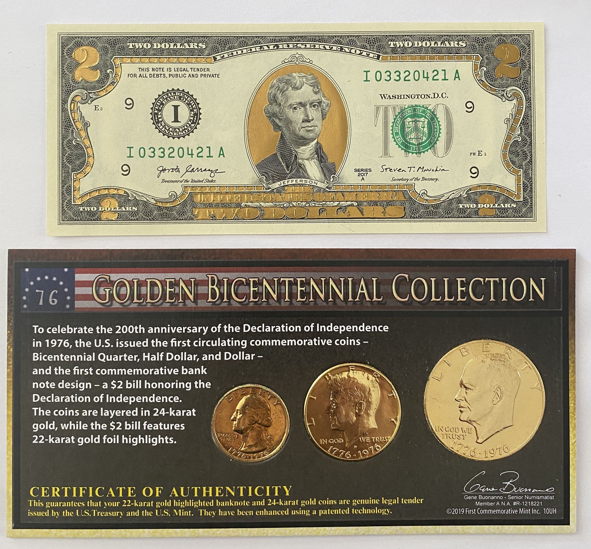 Golden Bicentennial Coin & 2017A $2 Bill Collection – Gold-Plated with COA