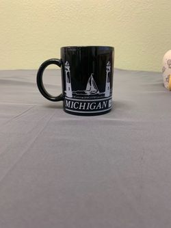 Vintage Michigan Souvenir Coffee Mug Black Ceramic Lighthouse & Sailboat 3.75"
