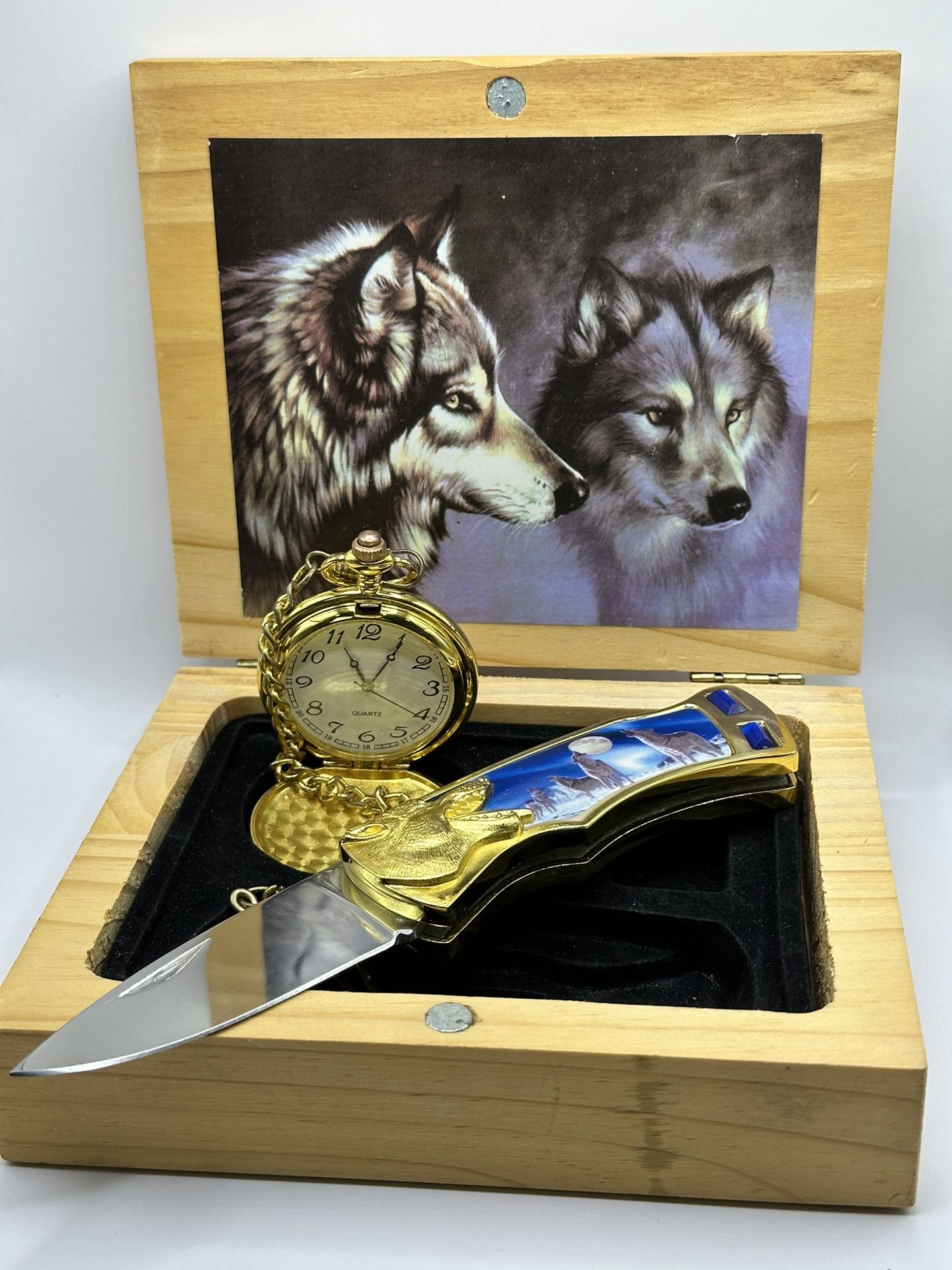 elk ridge wolf stainless steel knife pocket watch set wood box magnetic case