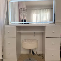 Vanity With Mirror, 3 Shades Of LED Light And Chair Stool