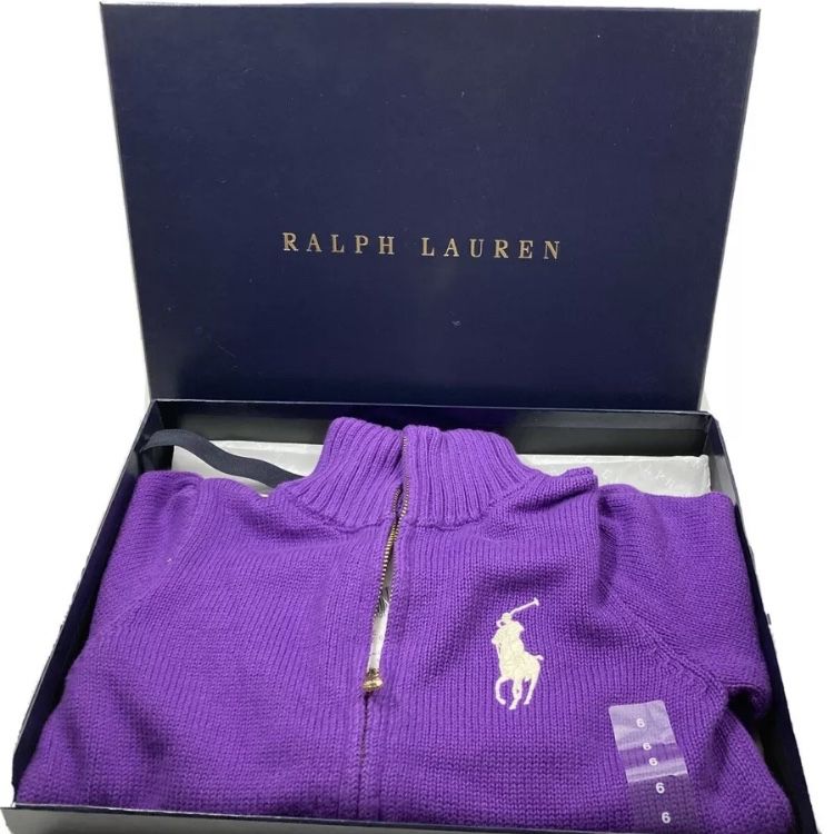 Polo Ralph Lauren Purple Zipper Cardigan Sweater Girls Size 6 Big Pony Pockets