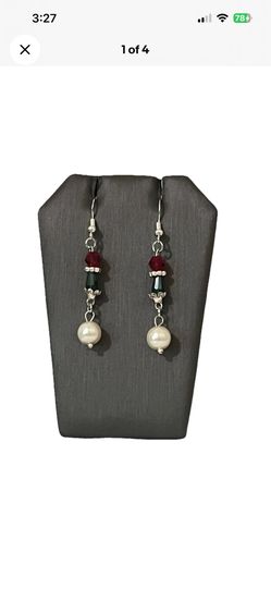 Christmas Festive Faux Pearl Earrings Red Green Bead Holiday Gift Handmade