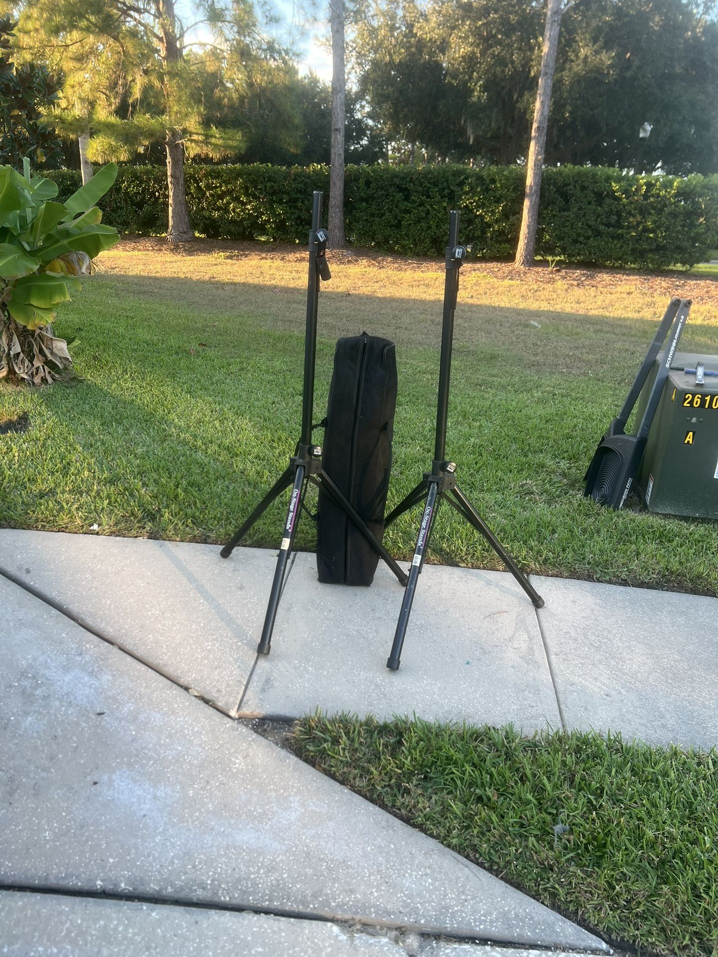 Lot of 2 on stage speak stands with matching case for $60 Location below  31705 SR-54  Wesley Chapel, FL  33545 Storage Mart