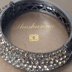 Dark Silver-Tone Bracelet w/Bling Rhinestone on Half Locking Hinged Bangle 